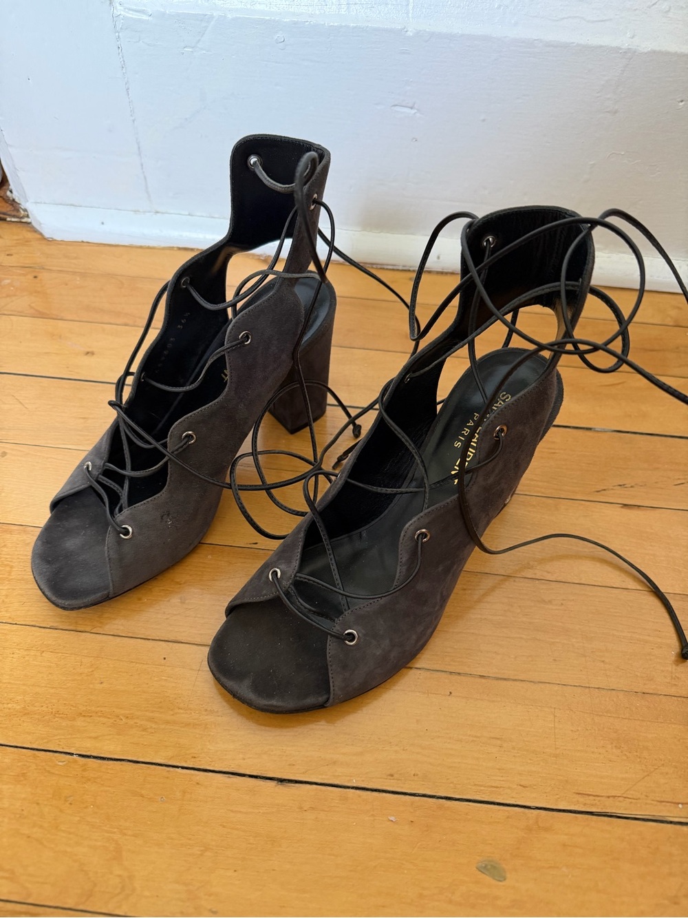 Yves Saint Laurent Black Lace-Up Suede Heel Sandals